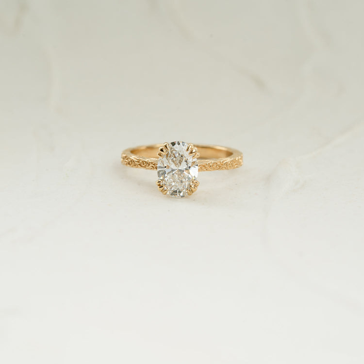 Oval Cut Lab Diamond Scroll Filigree Triple Claw Engagement Ring