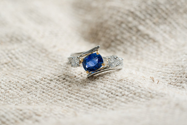 Blue Sapphire & Lab Diamond Bypass Split Shank Engagement Ring