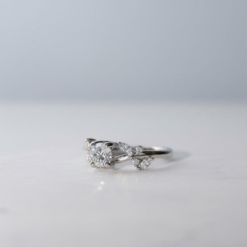 flatlay 0.80ct nature inspired leaf accented lab diamond engagement ring, Aara by Ethica Diamonds
