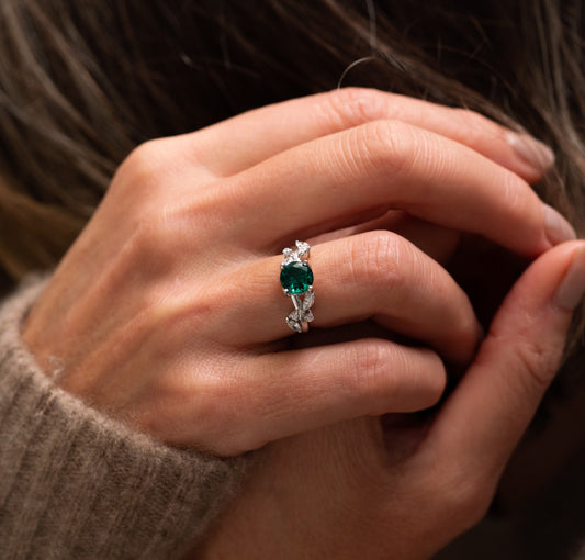 The Aara Ring | Emerald & Lab Diamond Nature Inspired Engagement Hidden Halo