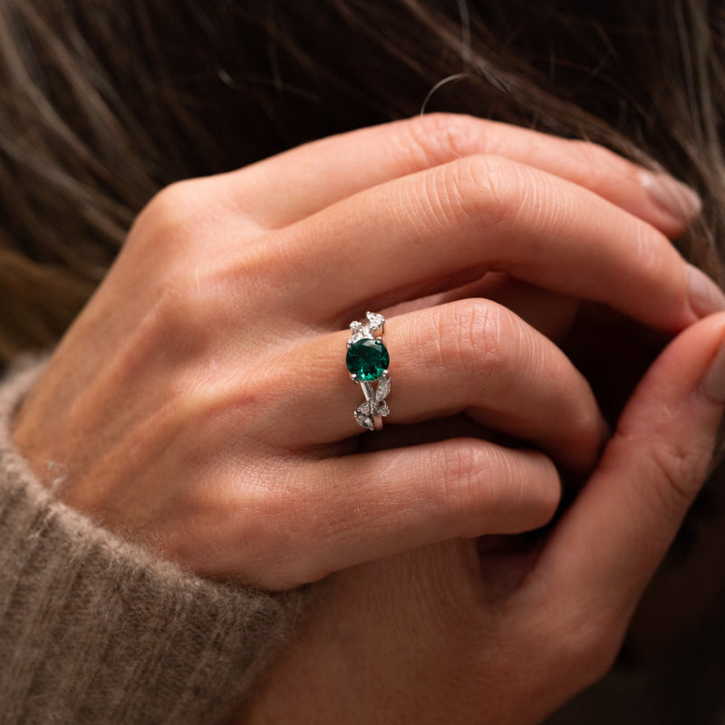 The Aara Ring by Ethica emerald green moissanite trellis nature inspired engagement ring