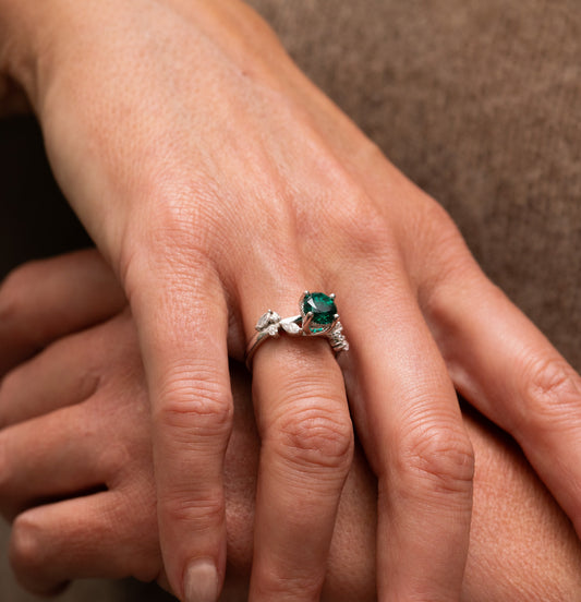 The Aara Ring | Emerald & Lab Diamond Nature Inspired Engagement Hidden Halo