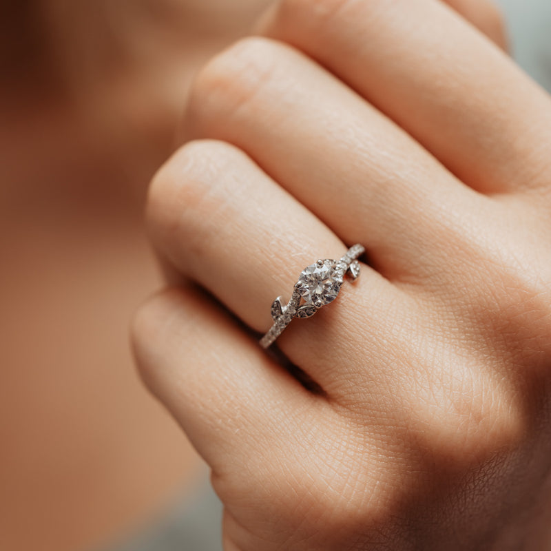 Azahara Ring by Ethica Diamonds, vine and leaf-inspired design with round brilliant center and pavé lab diamond