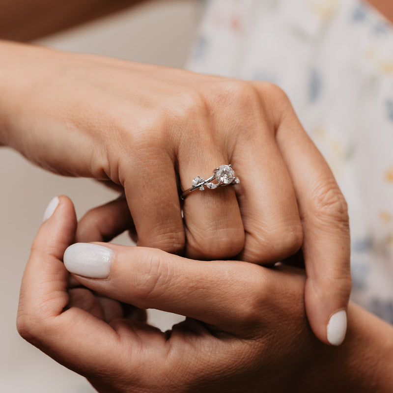 trellis nature inspired lab diamond engagement ring, Aara by Ethica Diamonds worn on hand
