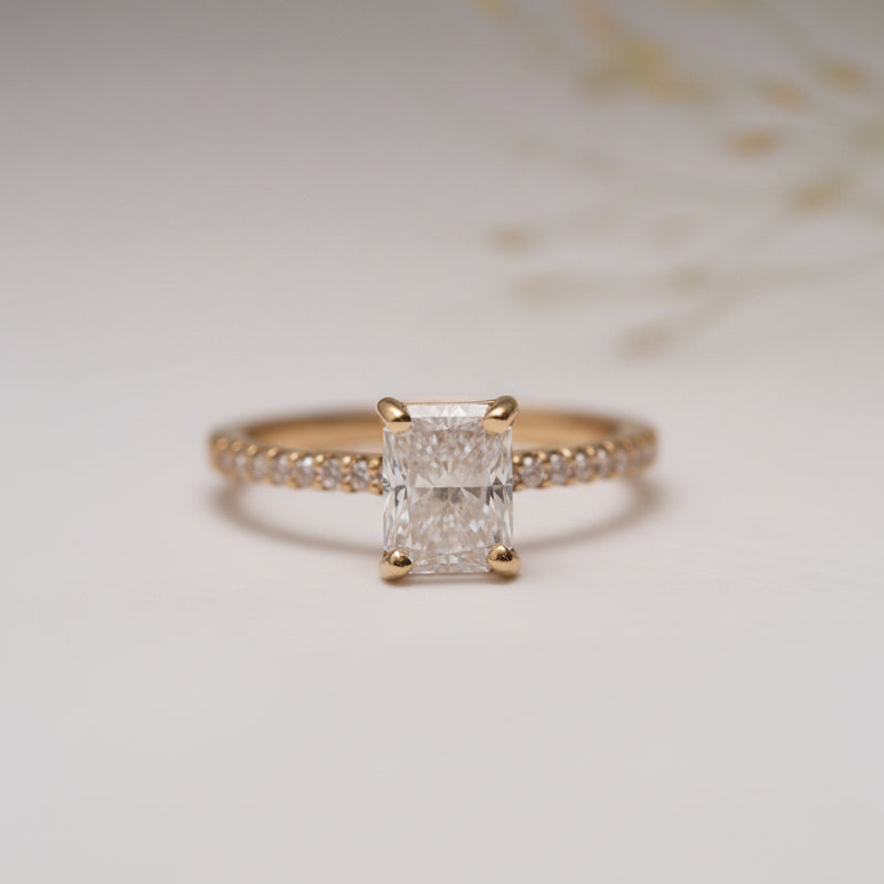 4 claw yellow gold diamond engagement ring with rectangular lab created diamond from cornwall