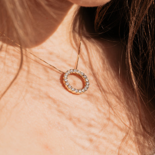 Diamond Circle Necklace in yellow gold on the neck