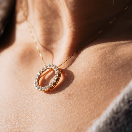 Diamond Circle Necklace in yellow gold on the neck