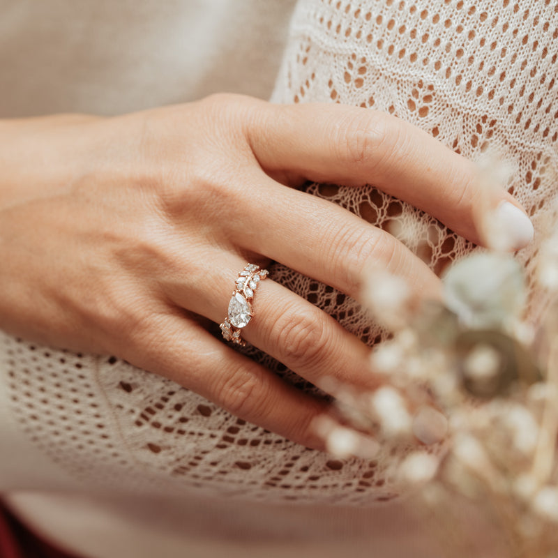 The Jaima Ring – pear cut lab diamond statement ring with leaf accents by Ethica diamonds