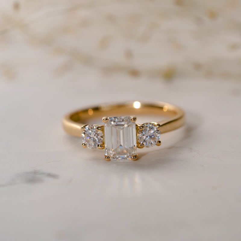 The Maya Emerald Cut Lab Diamond Trilogy Three-Stone Engagement Ring 1.50ct