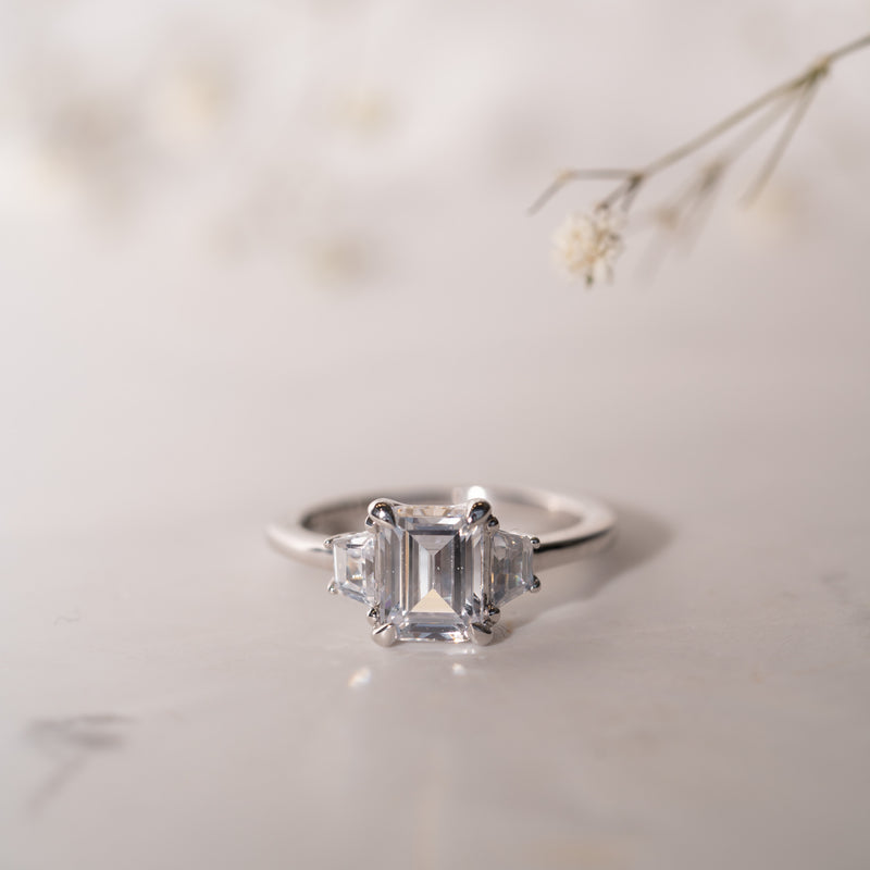 The Evelyn Ring by Ethica Diamonds with emerald cut moissanite centre stone