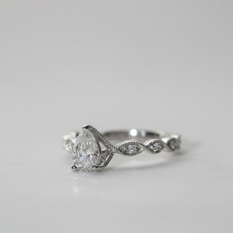 The Marcia pear cut lab grown diamond engagement ring with milgrain detailing
