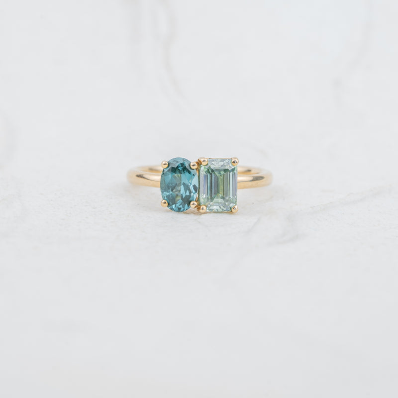 The Mira | Paraiba Spinel & Seafoam Moissanite Toi et Moi Ring