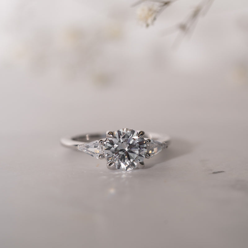Miranda Ring by Ethica Diamonds – round center & shield cut lab diamonds, sustainable three-stone engagement ring
