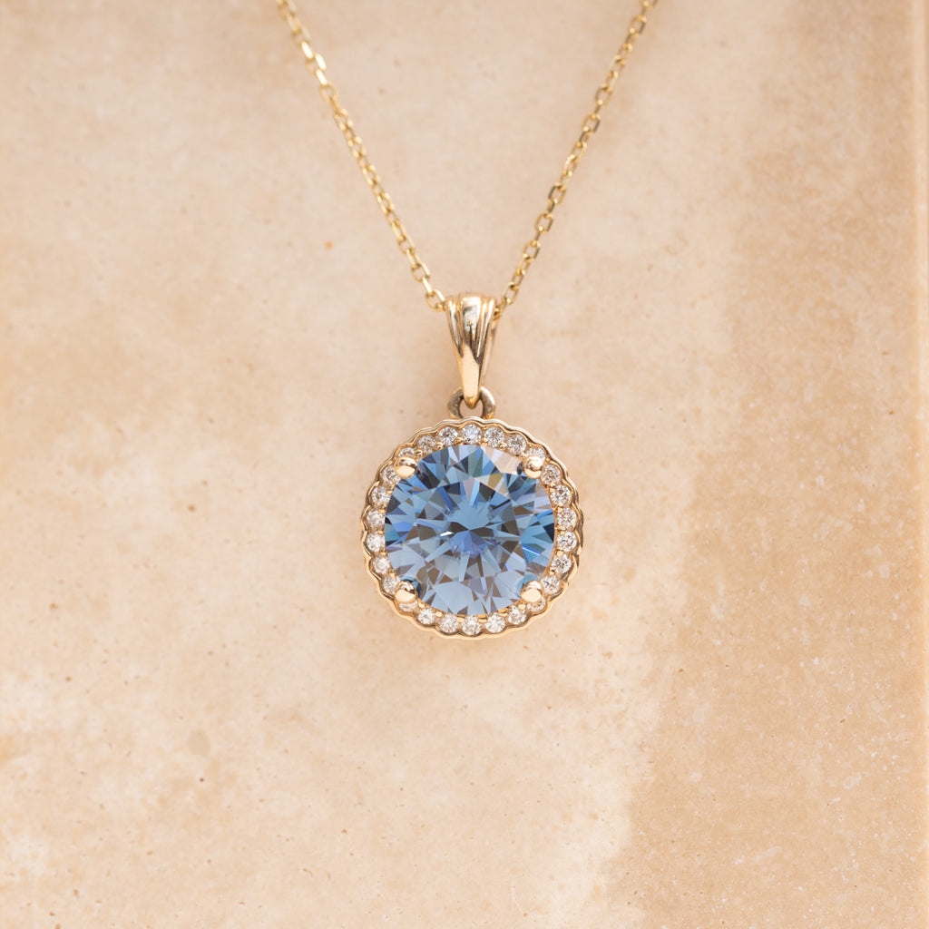 The Ninette Pendant | 2.97ct Round Blue Moissanite & Lab Diamond Halo 9k Yellow Gold