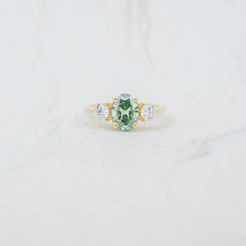 The Tabitha - Coloured Diamond | Oval Moissanite & Lab Diamond Trilogy Ring in Recycled Gold