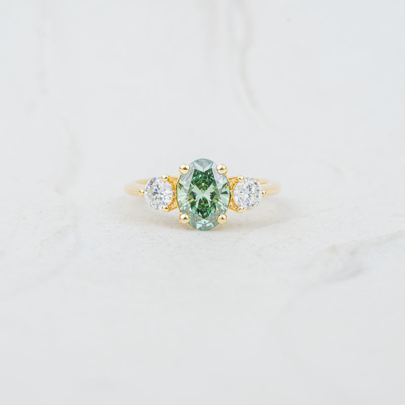 The Tabitha - Coloured Diamond | Oval Moissanite & Lab Diamond Trilogy Ring in Recycled Gold