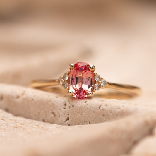 The Victoria Ring | 0.84ct Chatham® Oval Padparadscha Sapphire & Lab Diamond