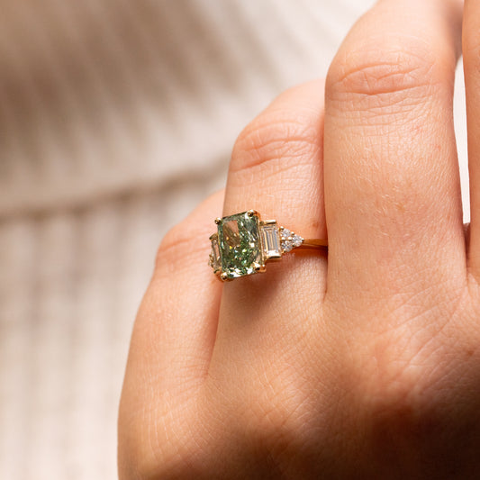 The Amber Ring | Emerald Cut Green Lab Diamond Art Deco Accented Engagement