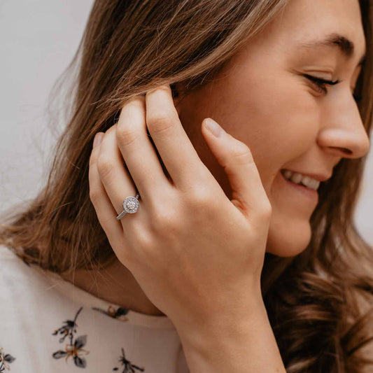 The Ava Ring | 0.83ct D-E VVS1 Shoulder Set Halo 950 Platinum