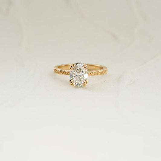 Oval Cut Lab Diamond Scroll Filigree Triple Claw Engagement Ring