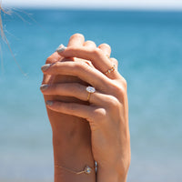 The Penelope Ring worn on hand - platinum oval lab grown diamond engagement ring Ethica Diamonds Cornwall