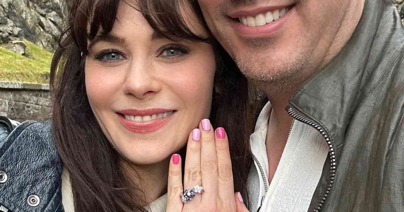 Zooey Deschanel and Jonathan Scott engagement - floral sapphire and diamond engagement ring inspiration, Ethica Diamonds Cornwall