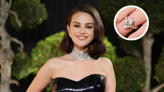 Close-up of Selena Gomez's marquise-cut diamond engagement ring, highlighting one of the most talked-about celebrity engagement rings.