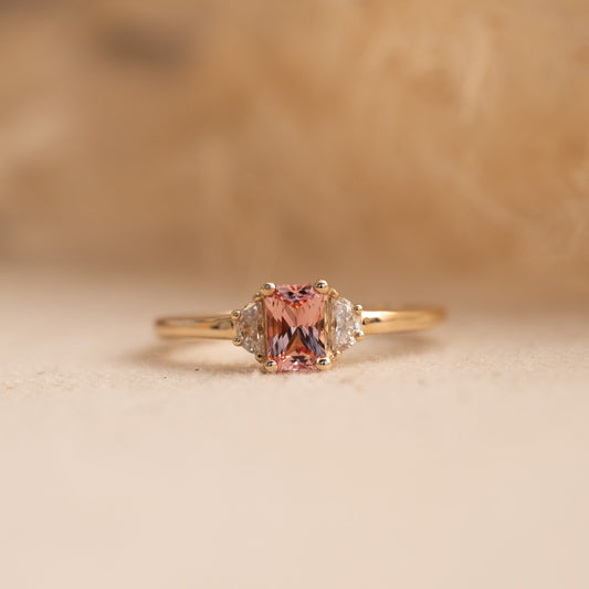 The Alana Ring | 1.30ct Chatham® Radiant Cut Lab Diamond & Champagne Sapphire Trilogy