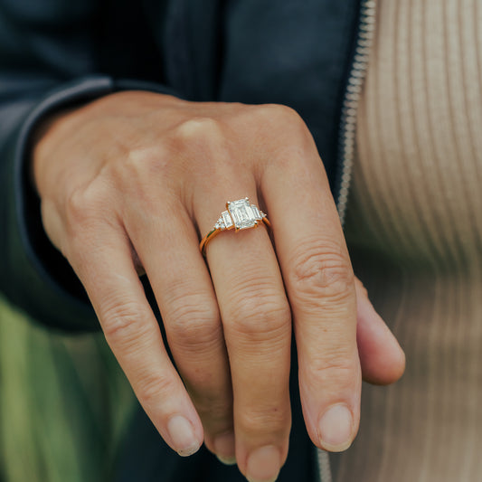The Amber | Emerald Cut Lab Diamond Accented Art Deco Multistone Engagement Ring