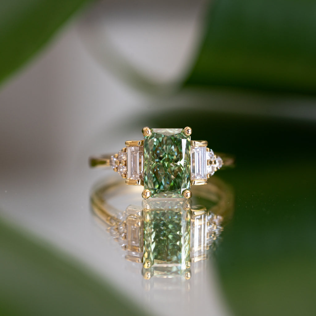 The Amber Ring | Emerald Cut Green Lab Diamond Art Deco Accented Engagement
