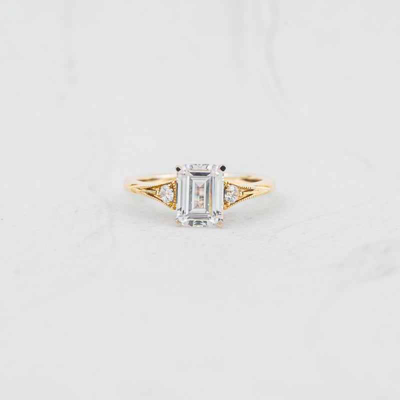 The Ares | Emerald Cut Lab Diamond Accented Milgrain Engagement Ring