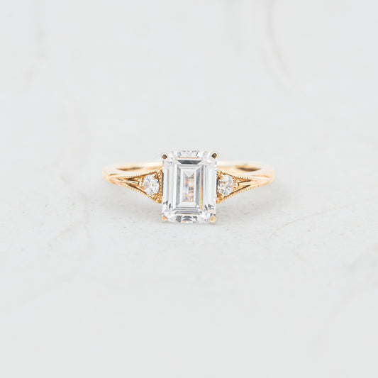 The Ares | Emerald Cut Lab Diamond Accented Milgrain Engagement Ring