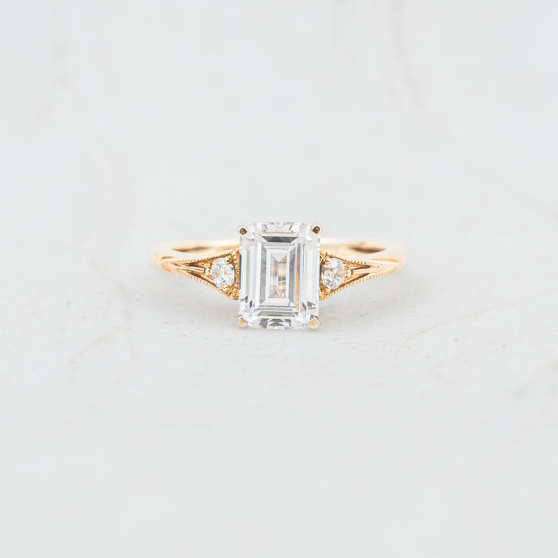 The Ares | Emerald Cut Lab Diamond Accented Milgrain Engagement Ring