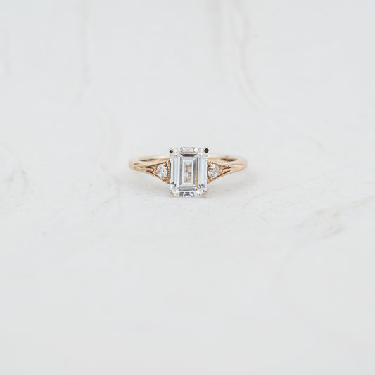 The Ares | Emerald Cut Lab Diamond Accented Milgrain Engagement Ring
