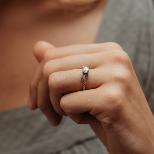 The Azahara Ring | Round Lab Diamond Accented Leaf Vine Engagement