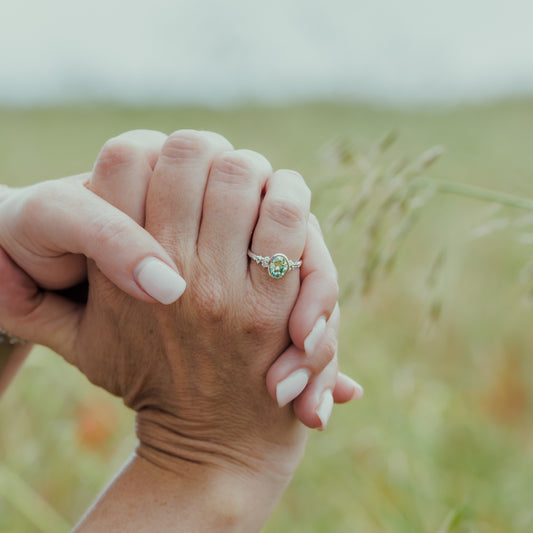 The Cypress | 1.51ct Seafoam Oval Moissanite Ring in 9k White Gold