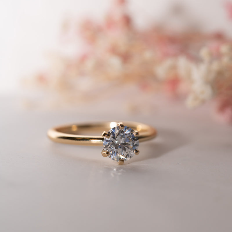 1.05ct Cyra Ring by Ethica Diamonds, round brilliant lab diamond tiffany solitaire engagement flatlay