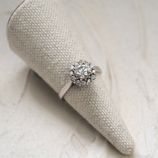 The Dahlia | 0.75ct D-E VVS1 Round Halo Engagement Ring in 18k White Gold