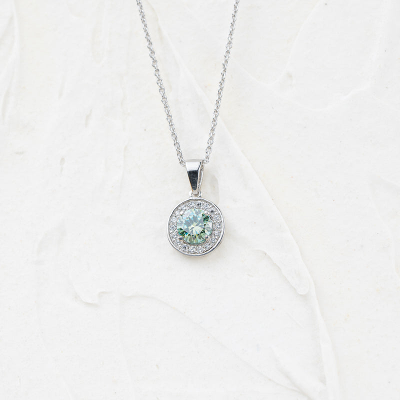 The Diana | 1ct Round Seafoam Green Moissanite Halo Pendant in 9k White Gold