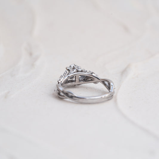 Back view of the eesha lab grown diamond engagement ring with marquise flower buds growing along trellis ring