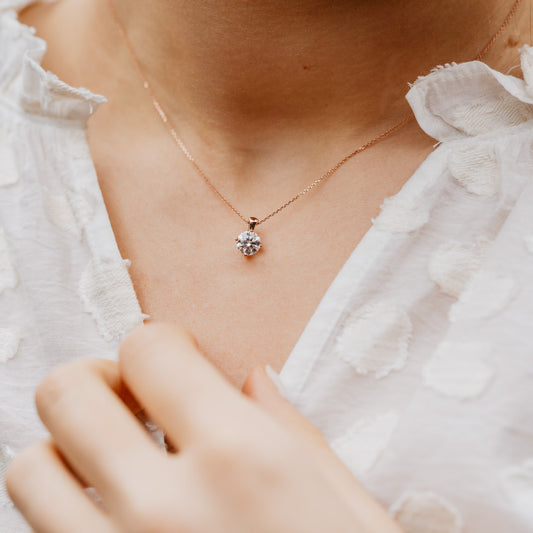 Aria classic solitaire diamond pendant in rose gold on ladies neck