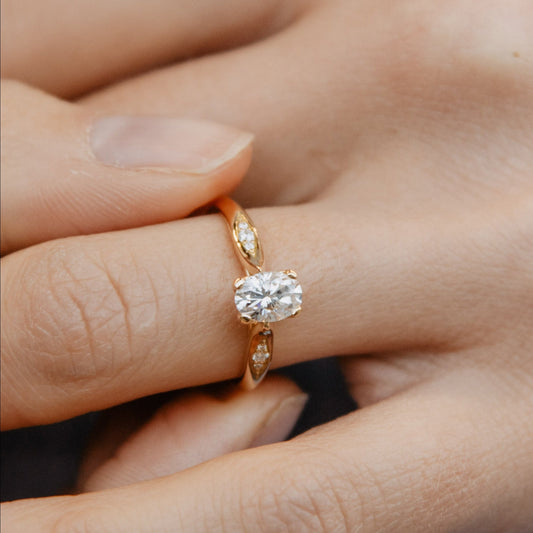 Rose gold ring with a diamond on a person's finger