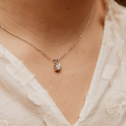 split bail diamond pendant in platinum on neck