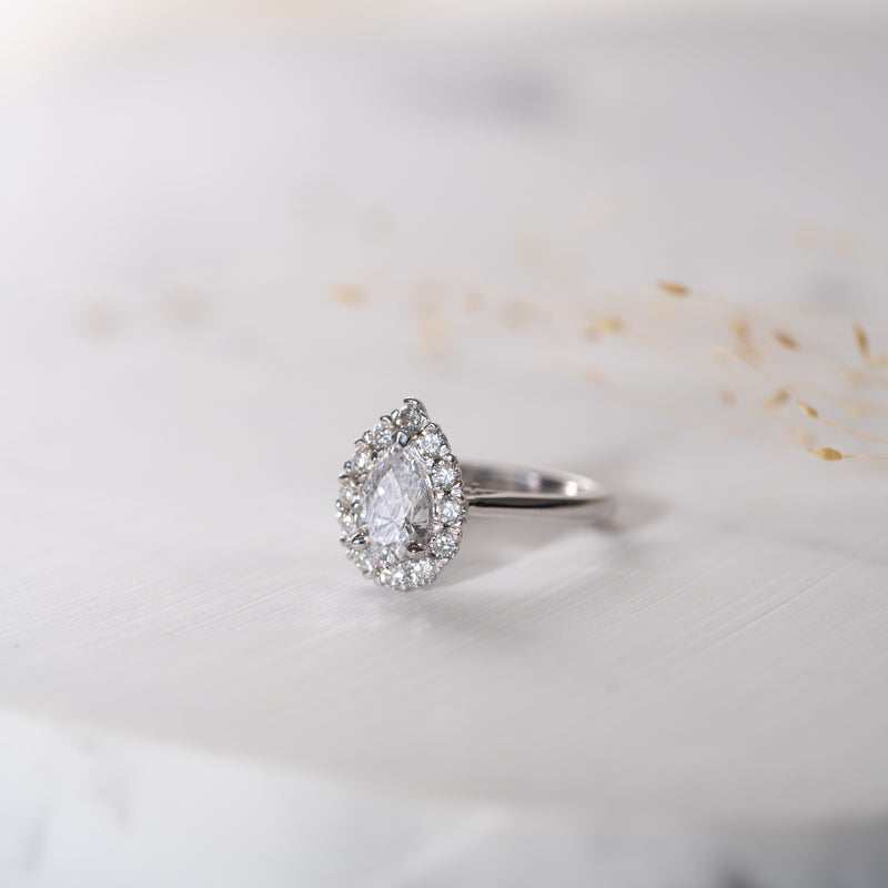 Sparkling scalloped pavé halo pear diamond ring – The Hala Ring”
