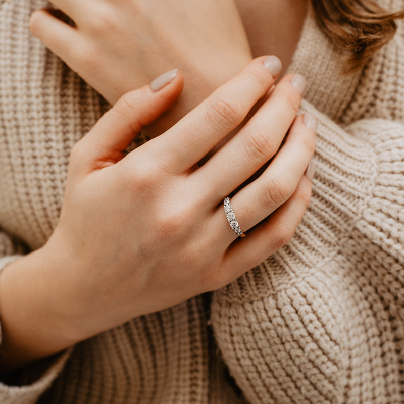 Sustainable lab grown diamonds: Nicola multi stone band worn on hand. Ethica Diamonds.