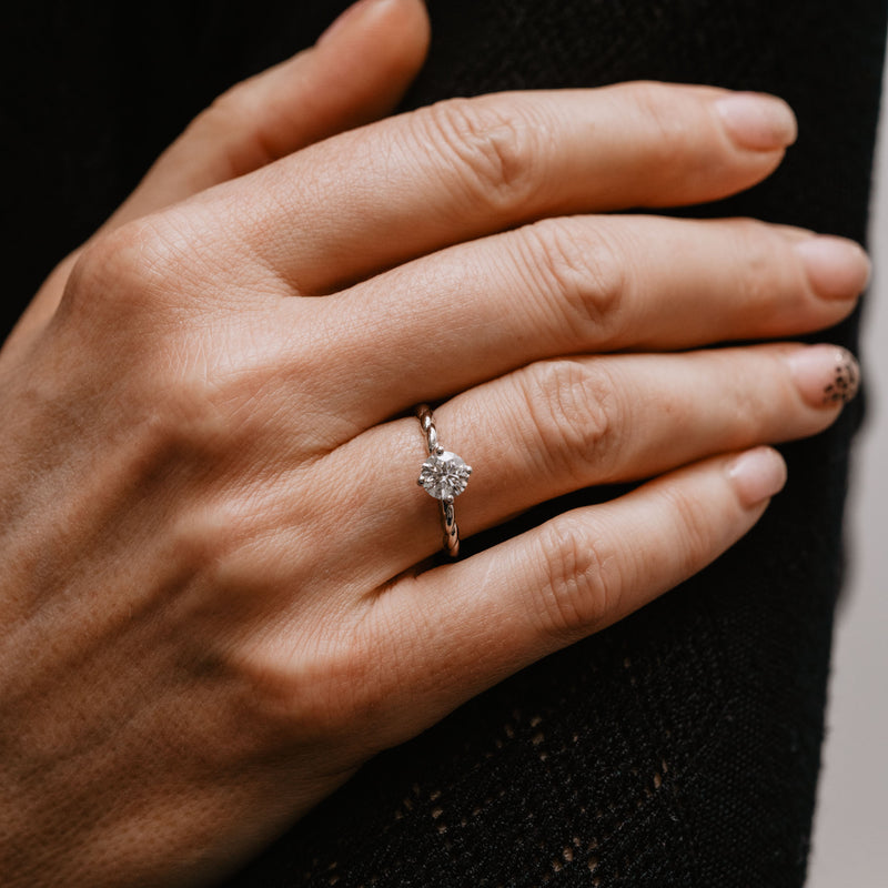 ophelia by ethica diamonds round lab diamond ring compass setting on hand