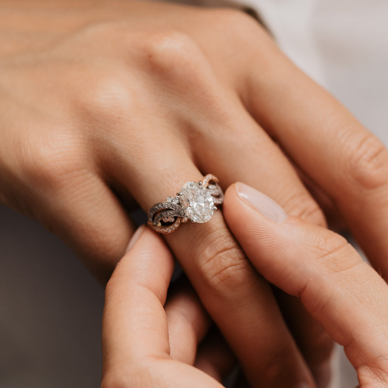Prina ring by Ethica Diamonds. 3.4ct oval lab diamond statement ring worn on hand