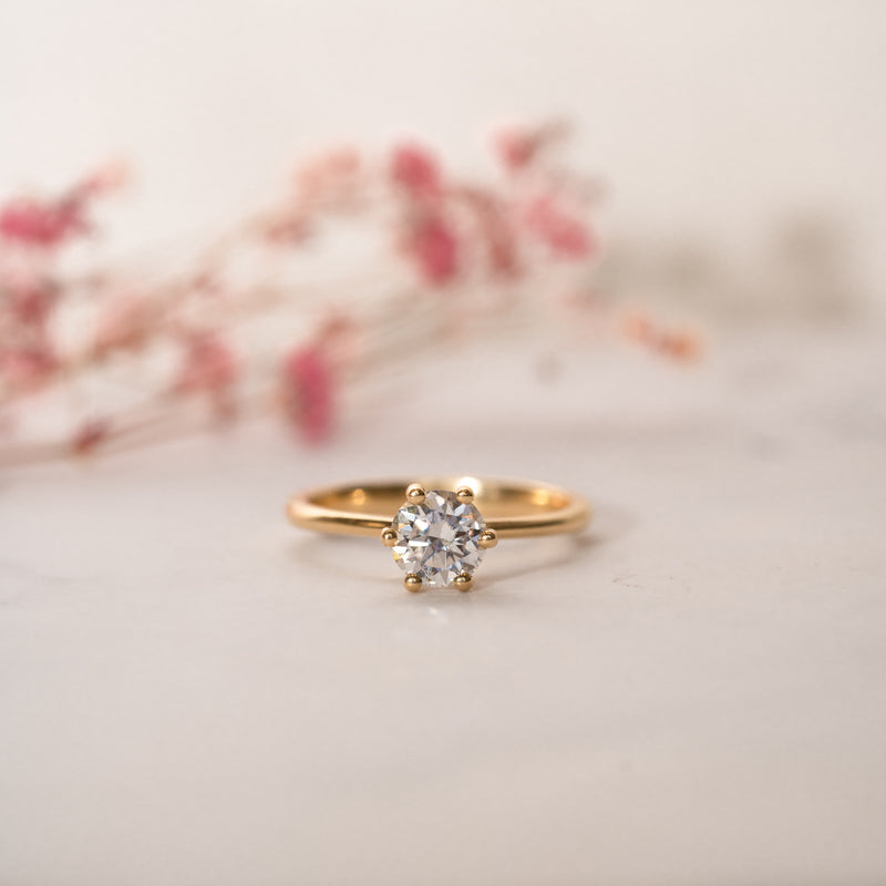 A round lab diamond petite six claw engagement solitaire ring with daylight shoulders with floral accents in the background.