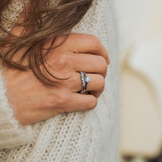 white gold wedding band and engagement ring pair with sustainable diamonds made in cornwall