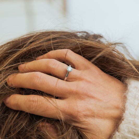 model wears The Evangeline by ethica diamonds featuring carbon negative lab diamonds made in cornwall